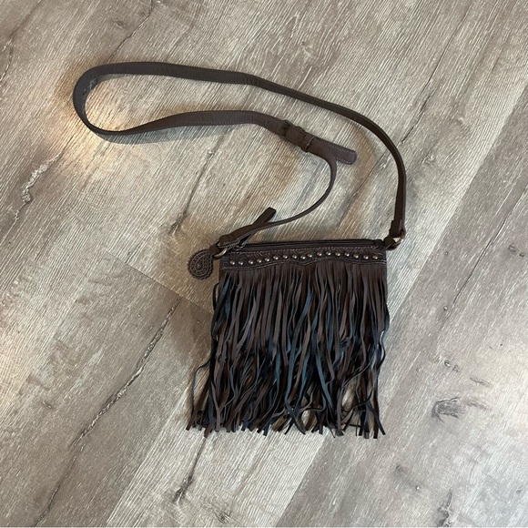 AMERICAN WEST Bandana Brown Tooled Leather Fringed Crossbody Purse Cowgi… - Picture 2 of 14